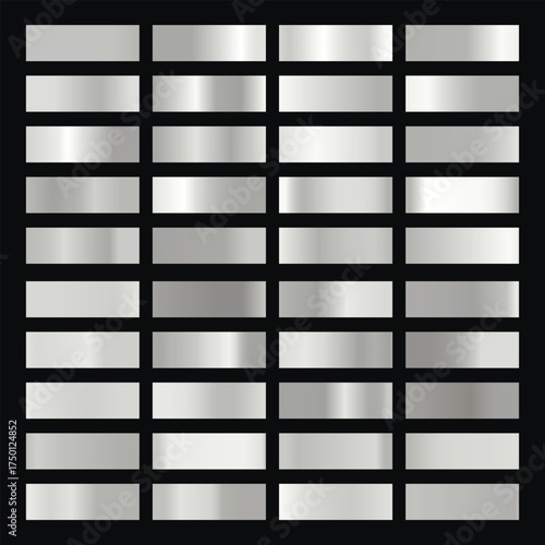 Metallic gradient collection with shiny silver hologram. Holographic foil texture, chrome metal gradation. Vector set for frame, ribbon, border, cover, banner, other design.