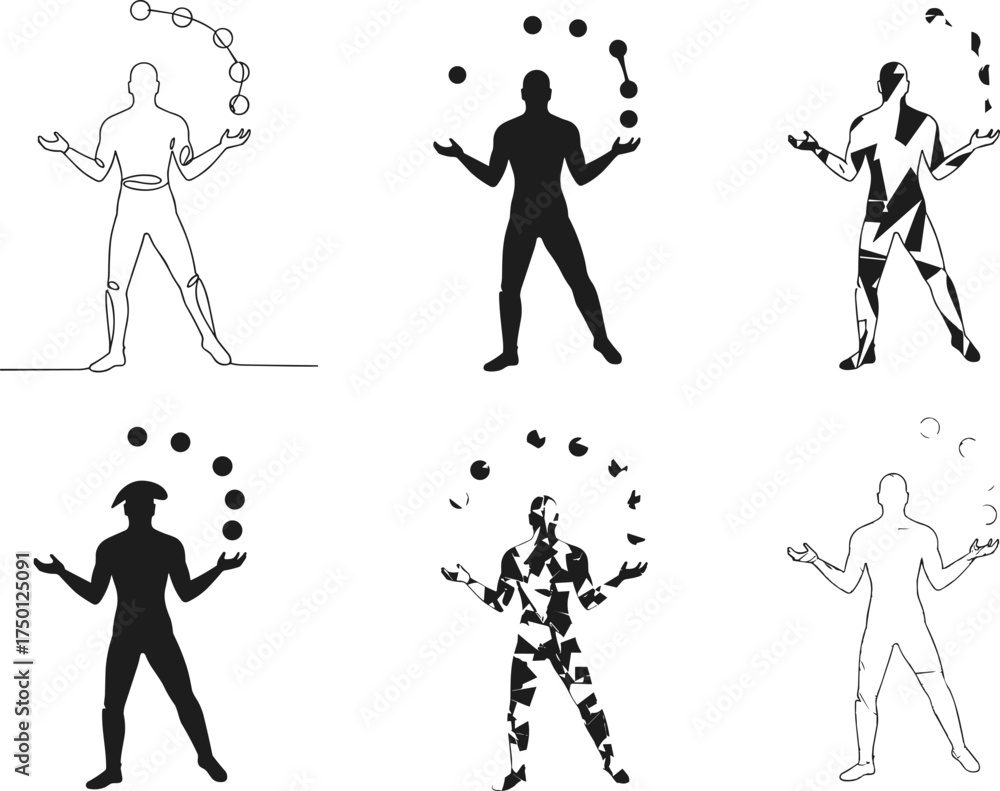 Naklejka premium Juggler vector illustration, juggling five balls, abstract style, silhouette design, line art, artistic performance, circus theme, creative poses, modern concept