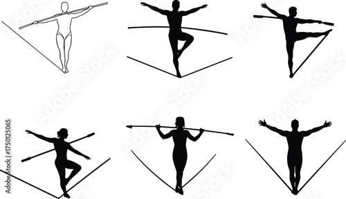 tightrope, silhouette, balance, acrobat, circus, vector, stunt, posture, athlete, rope, walking, movement, performance, black, figure