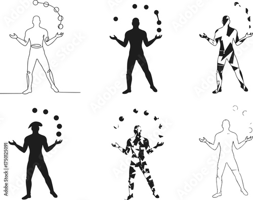 Juggler vector illustration, juggling five balls, abstract style, silhouette design, line art, artistic performance, circus theme, creative poses, modern concept