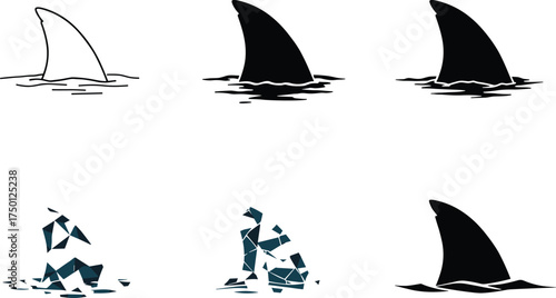 Shark fin vector set, abstract broken fin design, ocean danger symbol, black silhouette, water ripple effect, predator icon, marine illustration