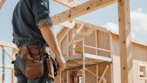 A carpenter at a construction site, overseeing a wood frame house