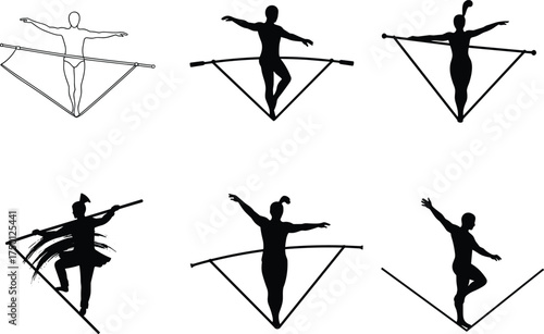 Tightrope walking silhouette, balance poses, circus acrobat vector, black and white illustration, artistic movement, performance art, dynamic posture, rope walker