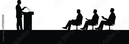 Business leader giving presentation at podium with audience sitting, political speech conference, corporate seminar, leadership discussion, training, meeting, communication illustration