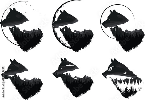 Wolf head silhouette, forest landscape, crescent moon, night sky, monochrome vector art, wildlife illustration, nature theme, mystical animal design