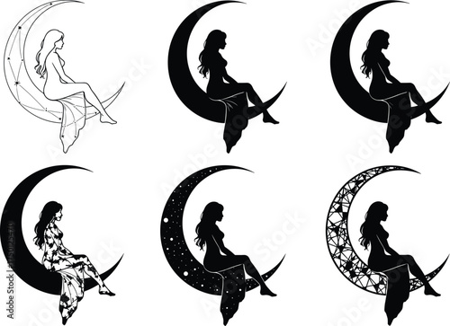 Woman silhouette on crescent moon, celestial vector art, mystical night design, starry sky illustration, feminine moonlight concept, decorative cosmic graphic