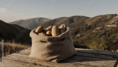 A burlap sack overflowing with potatoes sits on a wooden plank with a mountain backdrop