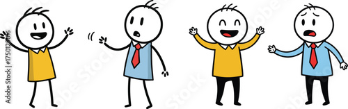 Cartoon stick figure characters showing different emotions and facial expressions in colorful outfits, happy and sad gestures, simple doodle illustration design