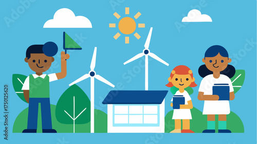 A school childrens science project featuring miniature wind turbines and solar panels emphasizing education in sustainability.