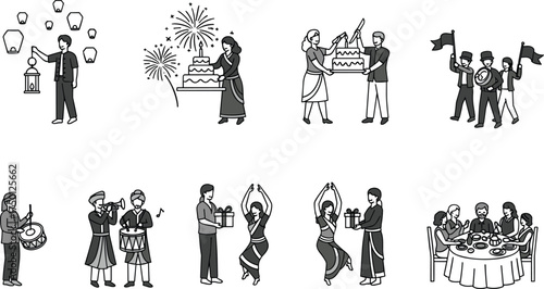 Celebration silhouettes, lantern release, cake cutting, gift exchange, festive meal, music performance, romantic proposal, umbrella couple, cultural parade, party scene, joyful gathering