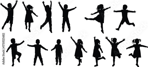 Children silhouette collection jumping, running, dancing and playing, happy kids in motion set of boy and girl poses, childhood fun vector illustration