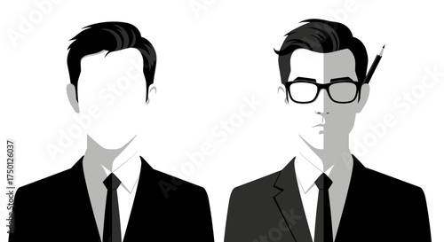 Two men in suits one faceless and one with glasses and a pencil behind his ear representing creative thought versus conformity