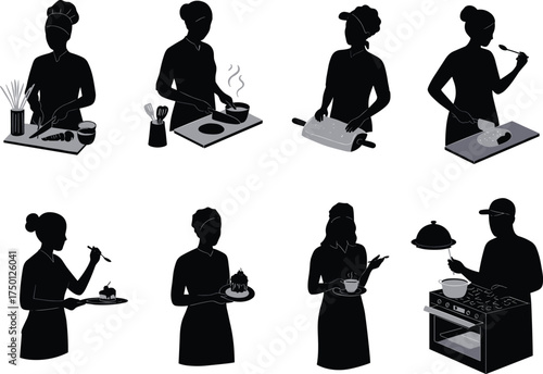 Cooking silhouettes, chef slicing vegetables, food preparation, baking dough, tasting dish, serving dessert, kitchen activity, culinary icons, meal presentation, dining moment