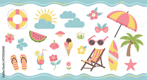 A Vibrant Collection of Summer Vacation Beach Elements for Relaxation and Fun