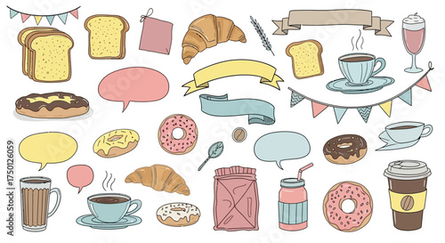 Delicious Treats and Coffee Break Collection Featuring Pastries and Baked Goods With Whimsical Decorative Elements