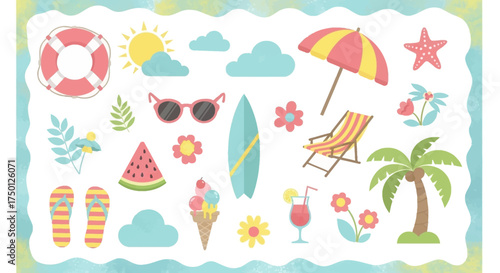 A Whimsical Collection of Summer Vacation Beach Holiday Elements Featuring Sun Clouds Umbrella Surfboard Beach Chair Palm Tree and Watermelon Slice