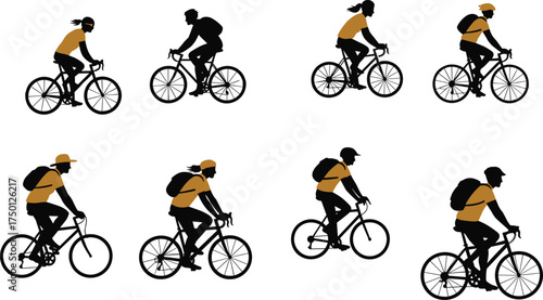Cyclist silhouettes, orange shirt bikers, urban commute vector, side view riders, bicycle posture set, helmet and backpack, black and white illustration