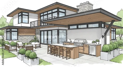 Obraz Architectural Sketch of a Modern Home with Outdoor Kitchen and Patio.
