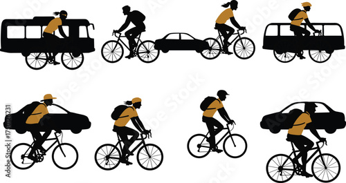 Cyclist transport silhouettes, urban commute concept, black and orange vector, bike riders with vehicles, city mobility, road traffic, backpack cyclists, helmeted bikers