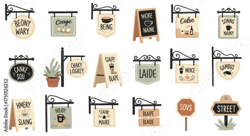 Collection of charming vintage hanging signs for cafes shops and businesses displaying various messages and art