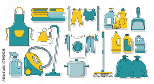Collection of Household Cleaning Tools Laundry Appliances and Apron for Housekeeping
