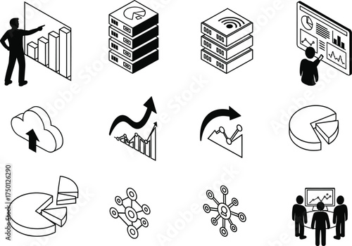 Data analysis icon set, business intelligence, cloud computing, server stack, pie chart, bar graph, network diagram, presentation screen, black and white design