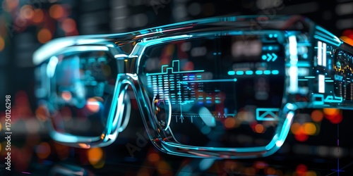 Futuristic augmented reality glasses displaying glowing digital data and charts in a dark, bokeh background