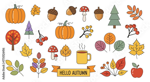 A Whimsical Collection of Hand Drawn Autumnal Elements Featuring Pumpkins Acorns Mushrooms Trees and Falling Leaves for Seasonal Decorations