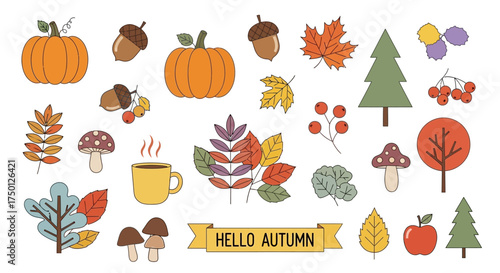 A Charming Collection of Autumnal Elements Featuring Pumpkins Acorns Leaves and Trees Ready for the Fall Season