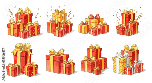 A festive collection of beautifully wrapped red and gold gift boxes adorned with golden ribbons and confetti for a celebratory occasion