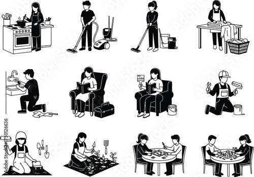 Domestic activity silhouettes, cooking, cleaning, gardening, painting, reading, board games, chess match, home chores, leisure time, everyday life, household routine, lifestyle icons