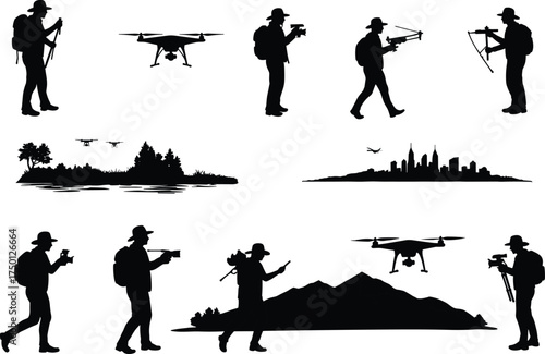 Drone operator silhouette, flying drone in nature, forest and city skyline, remote control, backpack traveler, aerial photography, outdoor exploration, black vector illustration