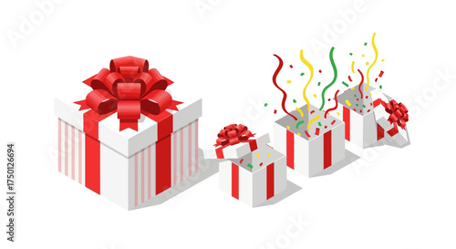 A collection of beautifully wrapped gift boxes with ribbons and festive confetti celebrating a special occasion with joy and surprise