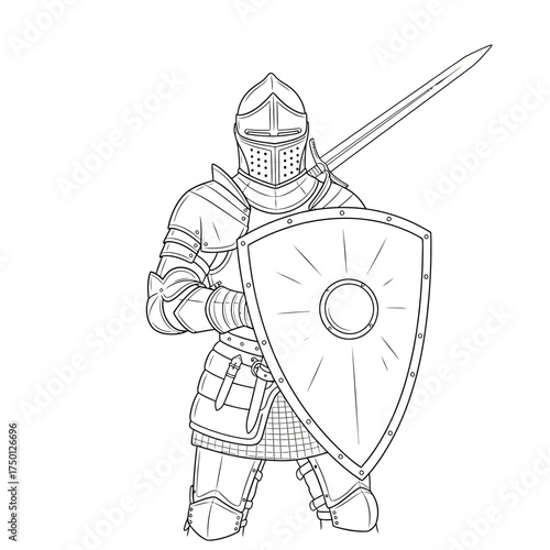 Medieval knight in full plate armor holding a sword and shield line drawing.