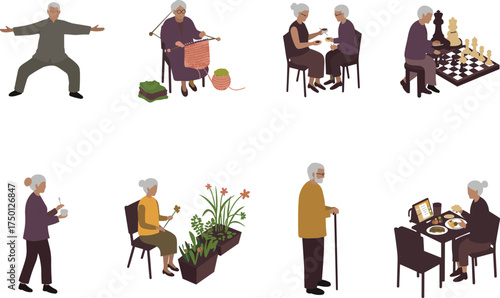 Elderly lifestyle silhouette illustration, Tai Chi, knitting, tea time, chess game, gardening, digital interaction, black art, senior wellness, daily activity scenes