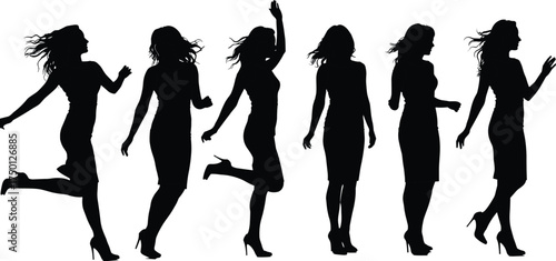 Elegant woman silhouettes in motion, stylish female figures walking and dancing in high heels, side view poses, modern fashion outline vector design