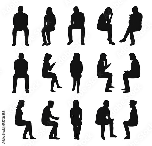 Collection of diverse people silhouettes sitting and standing isolated on transparent background