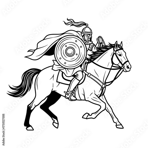 Medieval Knight on Horseback - A Warriors Charge in Detailed Line Art.