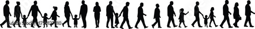 Family walking silhouettes with parents and children holding hands, people group walking together, community crowd, generational figures, family unity vector illustration design