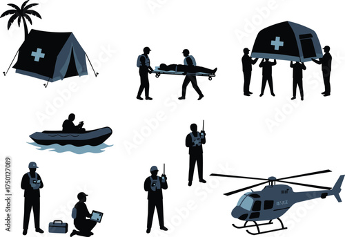 Emergency rescue illustration, medical tent, stretcher team, inflatable boat, rescue helicopter, communication setup, disaster response, black silhouette, field aid, teamwork operation