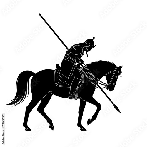 Black silhouette of an ancient warrior on horseback with a long spear.