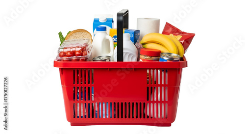 Plastic shopping basket filled with groceries and daily products, isolated on white background, realistic lighting
