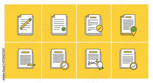 Illustrations of Documents and Paperwork Concepts Including Signing and Approval Processes and Document Management Tasks