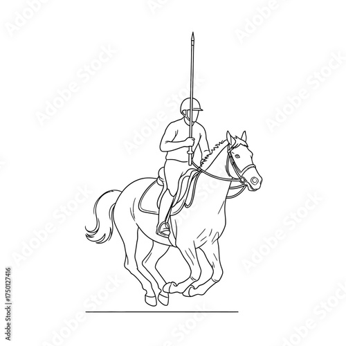 Equestrian polo player riding horse with mallet in hand, line art drawing.