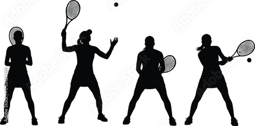 Female tennis players silhouettes in different poses, racket and ball action, professional sport training, athletic competition, strength, fitness, health, energy illustration