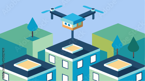 Closeup of a drone with a small cargo compartment poised above a residential neighborhood with rooftop landing pads.