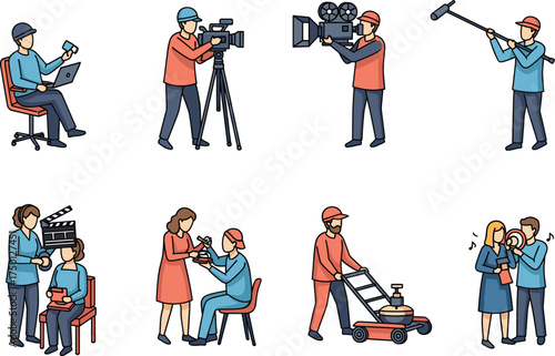Film production illustration, video crew roles, boom mic, makeup artist, costume fitting, camera dolly, black silhouette, media shoot, sound technician, set preparation