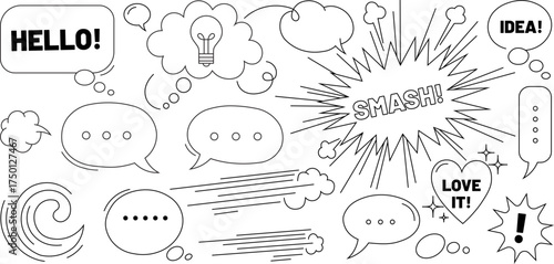 Hand Drawn Comic Speech Bubbles, Explosion Effects, and Doodle Line Art Vector Set with Cartoon Clouds, Stars, and Pop Art Elements for Fun Design Projects