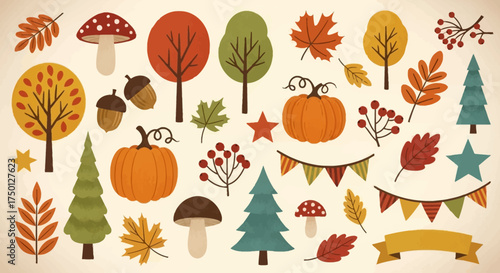 A Colorful Collection of Autumnal Elements Featuring Trees Pumpkins Acorns Mushrooms and Leaves for Seasonal Decorations and Designs