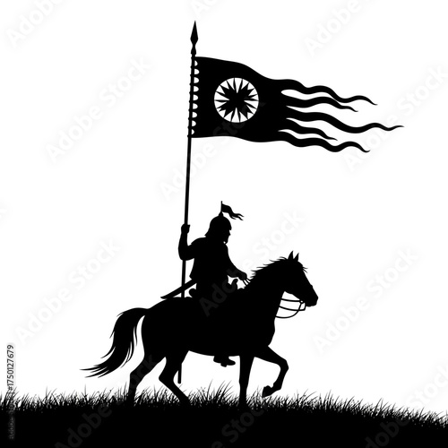 Silhouette of a medieval warrior on horseback carrying a flag.